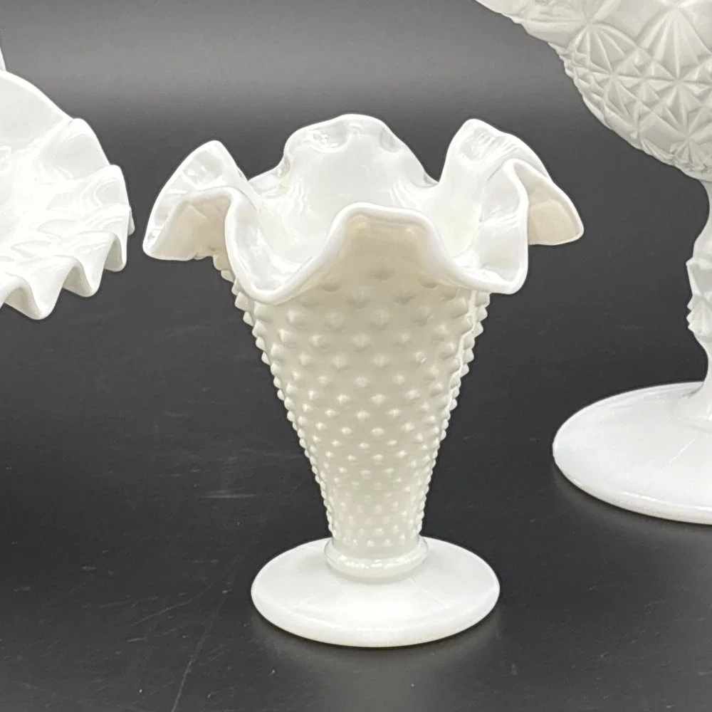Vintage Fenton White Milk Glass Decor Lot - Hobnail Basket, Vase & Compote Set